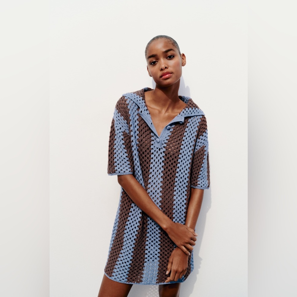 Zara Blue and Brown Casual Mini Dress with Sailor Collar